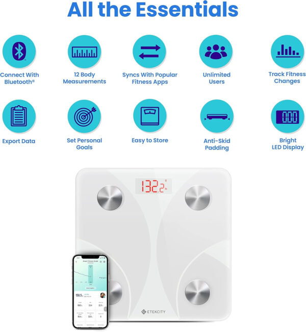 Etekcity Smart Scale for Body Weight FSA HSA Store Eligible, Bathroom Digital Weighing Scale with BMI, Body Fat, Muscle Mass, Accurate Bluetooth Home User Health Equipment Sync Apps