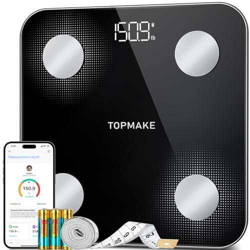 TOPMAKE2025 Upgrade Scale for Body Weight, Digital Bathroom Scale BMI Body Fat Scale, 25 Body Composition Analyzer with App sync with Bluetooth, Batteries and Tape Measure Included, Black