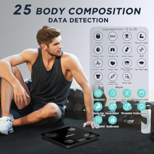 6893616f6e9de34644bf1446889e58753e40852892ea57ab89a75.jpg TOPMAKE2025 Upgrade Scale for Body Weight, Digital Bathroom Scale BMI Body Fat Scale, 25 Body Composition Analyzer with App sync with Bluetooth, Batteries and Tape Measure Included, Black