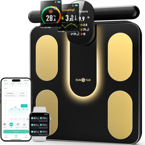 689361f03608e515b8a20d53bfb6b26464714a03df230d94c9891.jpg Runstar Smart Scale FSA or HSA Eligible, 8 Electrodes Digital Bathroom Scale for Body Weight and Fat, BMI, Muscle Mass 28 Body Composition Measurement, with Full-Color TFT LCD on Retractable Handle