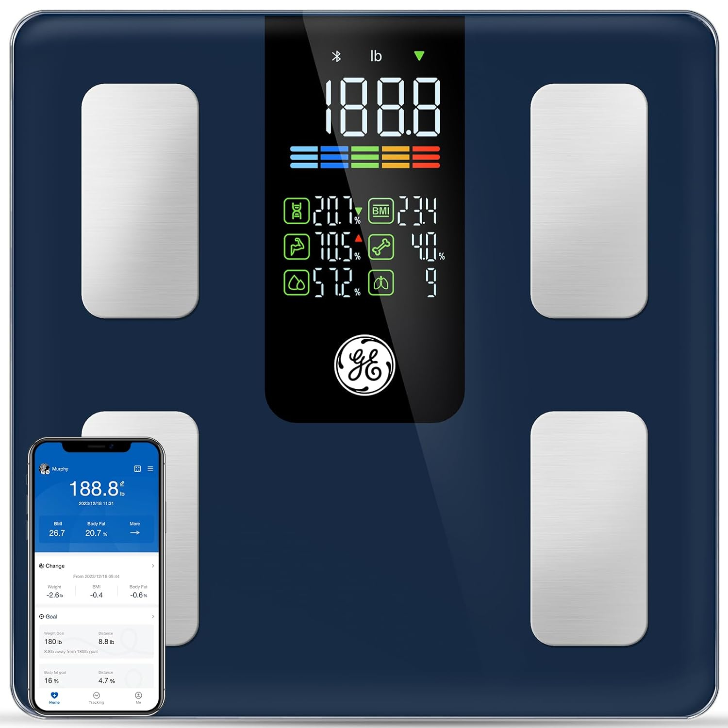 GE Scale for Body Weight Smart: Digital Bathroom Body Fat Scales 500lbs for BMI Muscle Bluetooth Smart Weight Monitor 11.8" Large Platform Weighing Machine Health Analyzer with App Dark Blue
