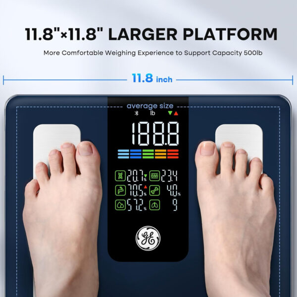 GE Scale for Body Weight Smart: Digital Bathroom Body Fat Scales 500lbs for BMI Muscle Bluetooth Smart Weight Monitor 11.8" Large Platform Weighing Machine Health Analyzer with App Dark Blue