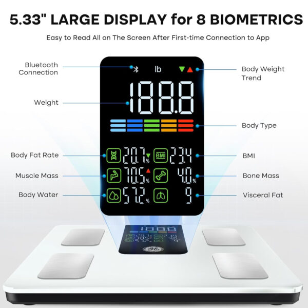 GE Scale for Body Weight Smart: Digital Bathroom Body Fat Scales 500lbs for BMI Muscle Bluetooth Smart Weight Monitor 11.8" Large Platform Weighing Machine Health Analyzer with App Dark Blue