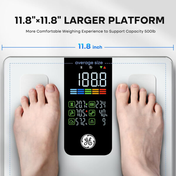 GE Scale for Body Weight Smart: Digital Bathroom Body Fat Scales 500lbs for BMI Muscle Bluetooth Smart Weight Monitor 11.8" Large Platform Weighing Machine Health Analyzer with App Dark Blue