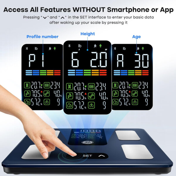 GE Scale for Body Weight Smart: Digital Bathroom Body Fat Scales 500lbs for BMI Muscle Bluetooth Smart Weight Monitor 11.8" Large Platform Weighing Machine Health Analyzer with App Dark Blue