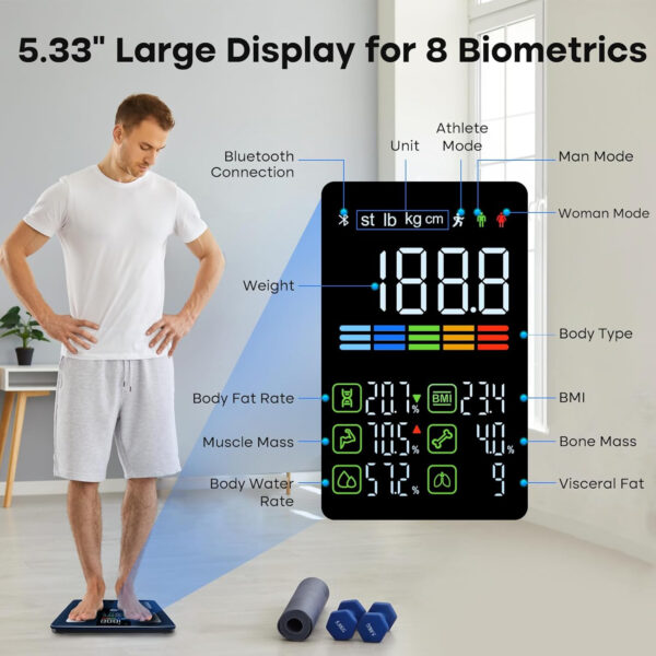 GE Scale for Body Weight Smart: Digital Bathroom Body Fat Scales 500lbs for BMI Muscle Bluetooth Smart Weight Monitor 11.8" Large Platform Weighing Machine Health Analyzer with App Dark Blue