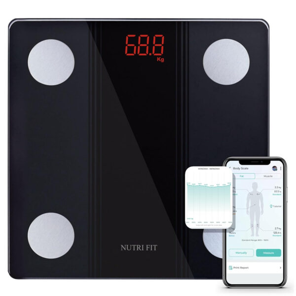 689362ad90749f14ca6a1080d8e55f1242691adcc1b5fd8f580cb.jpg NUTRI FIT Bathroom Scale Smart Digital Bluetooth Scales for Body Weight, Body Fat, BMI Body Composition Analyzer Weighing Scale with High Precision Measurements Sync APP Heavy Duty 330lbs
