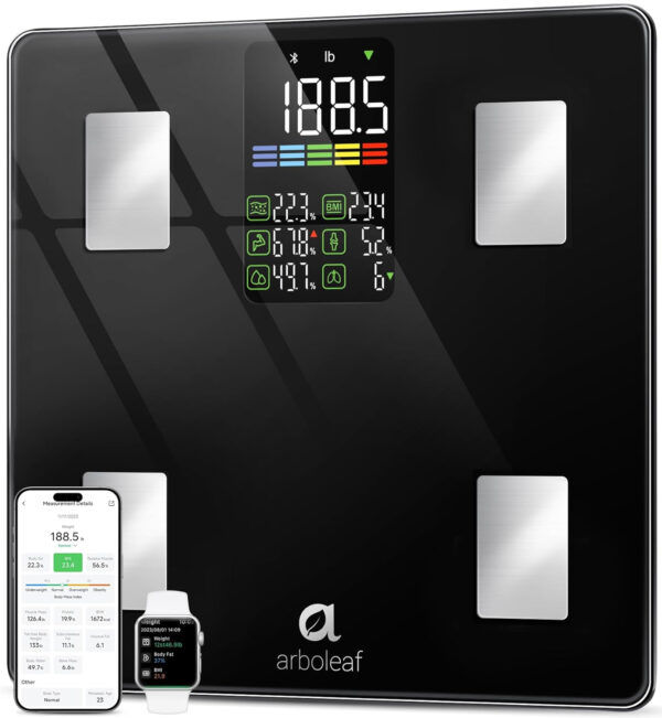 689362dea735ab3f4954bacff873fb42f10dd79d021bf63904f3e.jpg Arboleaf Smart Scale with BMI, Body Fat, Muscle Mass, 14 Composition Metrics, Large LED Display, Digital Bathroom Scale for Weight, Accurate Weighing Machine, App Sync, 500lbs, 11.8"