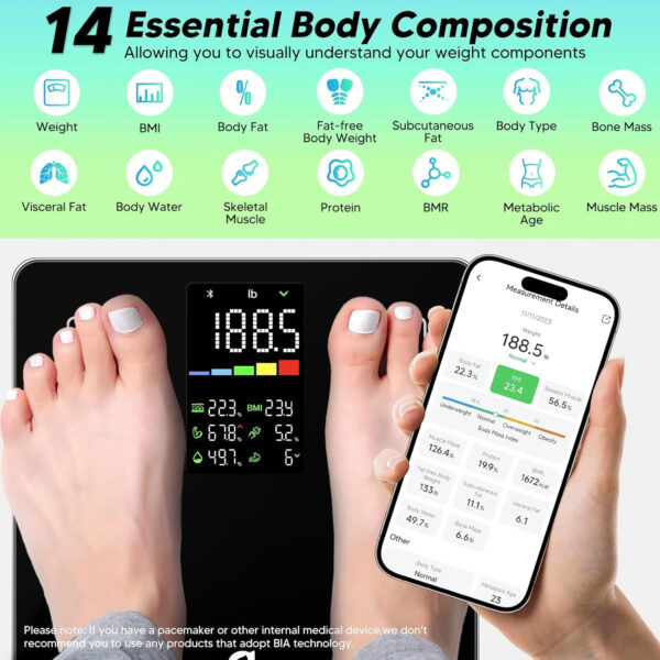 689362e2073594f76da6a51c0923b08d322212443cde6746fa161.jpg Arboleaf Smart Scale with BMI, Body Fat, Muscle Mass, 14 Composition Metrics, Large LED Display, Digital Bathroom Scale for Weight, Accurate Weighing Machine, App Sync, 500lbs, 11.8"