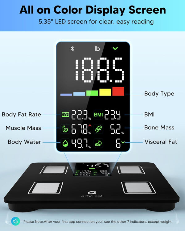 689362f0b85cf793d2076f28767d5154c3be8dc0eb6d8fc2f282b.jpg Arboleaf Smart Scale with BMI, Body Fat, Muscle Mass, 14 Composition Metrics, Large LED Display, Digital Bathroom Scale for Weight, Accurate Weighing Machine, App Sync, 500lbs, 11.8"