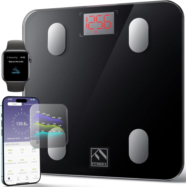 6893633bbdbc4427b733c0f0b13029bc731b4b458f6e94653df8f.jpg FITINDEX Smart Scale for Body Weight, Scale with BMI, Body Fat, Muscle Mass, Digital, Bathroom, Weighing, Bluetooth, Body Composition Monitor Health Analyzer with App, FSA HSA Eligible, 400lb, Black