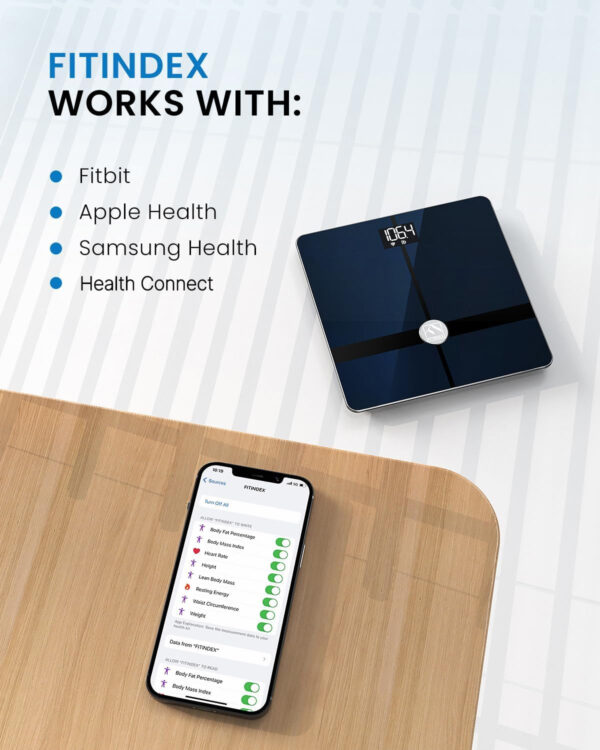 6893635953ed5af2e0af51967a1c3e3066c8096611ba5063f3537.jpg FITINDEX Smart Scale for Body Weight, Scale with BMI, Body Fat, Muscle Mass, Digital, Bathroom, Weighing, Bluetooth, Body Composition Monitor Health Analyzer with App, FSA HSA Eligible, 400lb, Black