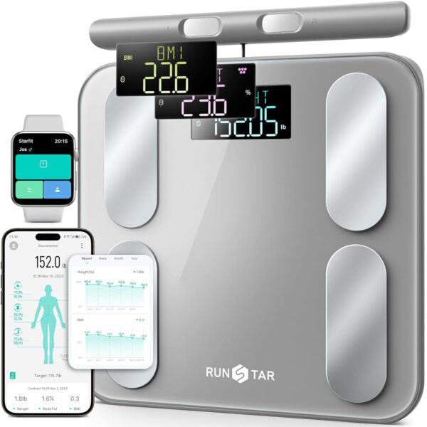 689363c64d203bce6cdd09a6ee1a62a1f2839fae7cde5444024dd.jpg Runstar Digital Bathroom Scale for Body Weight, Body Fat, BMI 28 Measurements, Innovative 8-Electrode Smart Scales FSA or HSA Eligible with Voice Prompt Function High Accurate Bluetooth Weight Machine