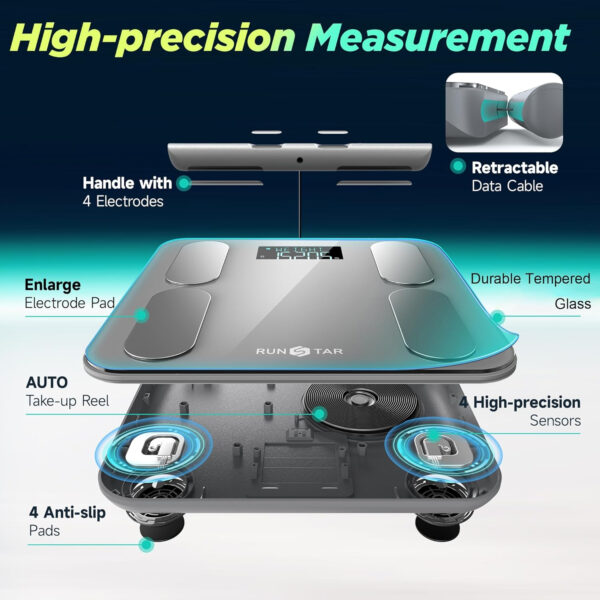 689363cfcb7604aa32ae446b97d685ec6a0431b20c03897f7d7b0.jpg Runstar Digital Bathroom Scale for Body Weight, Body Fat, BMI 28 Measurements, Innovative 8-Electrode Smart Scales FSA or HSA Eligible with Voice Prompt Function High Accurate Bluetooth Weight Machine
