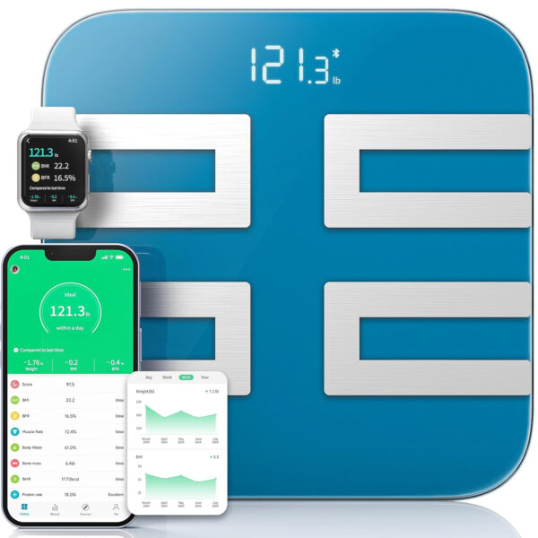 689364474105a7aa3ef6f74f88cf6bf422e79277e1ff3bcd17754.jpg NLV Smart Scale for Body Weight, Digital Bathroom Scale LED Display, BMI, Body Fat, Muscle Mass 18 Body Composition Monitor Health Analyzer Sync Apps, High Accuracy, Save Space, 396lbs (Blue)