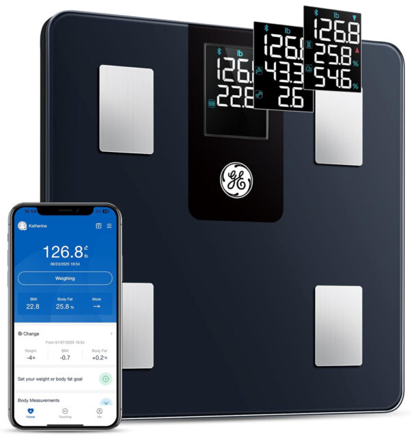 GE Smart Scale for Body Weight and Fat Percentage with All-in-one LCD Display, Digital Bathroom Weight Scales Bluetooth Body Composition Analyzer with App, Accurate Weighing, 400 lbs / 180 kg