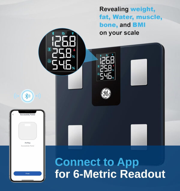 GE Smart Scale for Body Weight and Fat Percentage with All-in-one LCD Display, Digital Bathroom Weight Scales Bluetooth Body Composition Analyzer with App, Accurate Weighing, 400 lbs / 180 kg