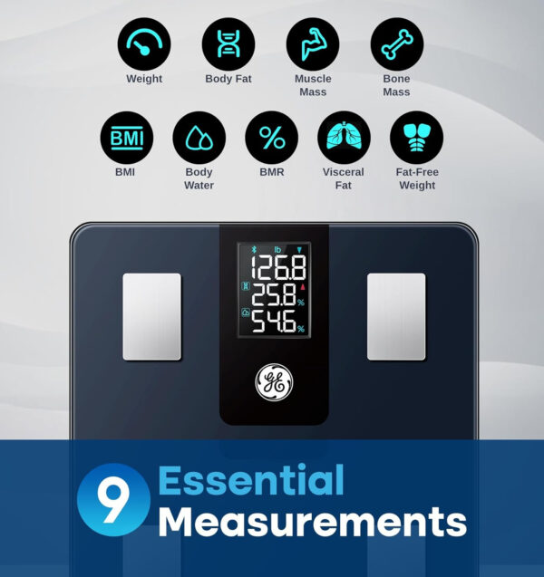 GE Smart Scale for Body Weight and Fat Percentage with All-in-one LCD Display, Digital Bathroom Weight Scales Bluetooth Body Composition Analyzer with App, Accurate Weighing, 400 lbs / 180 kg