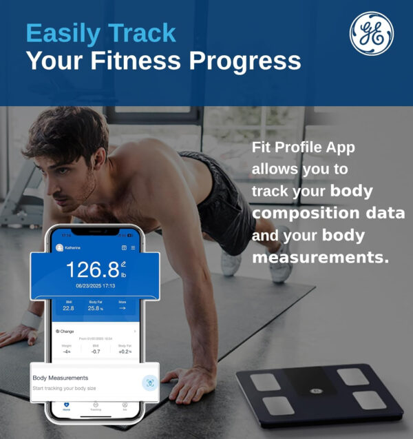 GE Smart Scale for Body Weight and Fat Percentage with All-in-one LCD Display, Digital Bathroom Weight Scales Bluetooth Body Composition Analyzer with App, Accurate Weighing, 400 lbs / 180 kg