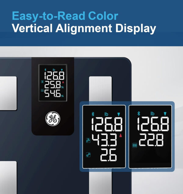 GE Smart Scale for Body Weight and Fat Percentage with All-in-one LCD Display, Digital Bathroom Weight Scales Bluetooth Body Composition Analyzer with App, Accurate Weighing, 400 lbs / 180 kg