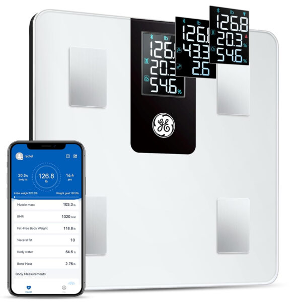 GE Smart Scale for Body Weight and Fat Percentage with All-in-one LCD Display, Digital Bathroom Weight Scales Bluetooth Body Composition Analyzer with App, Accurate Weighing, 400 lbs / 180 kg
