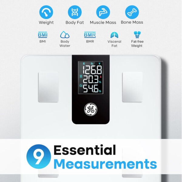 GE Smart Scale for Body Weight and Fat Percentage with All-in-one LCD Display, Digital Bathroom Weight Scales Bluetooth Body Composition Analyzer with App, Accurate Weighing, 400 lbs / 180 kg
