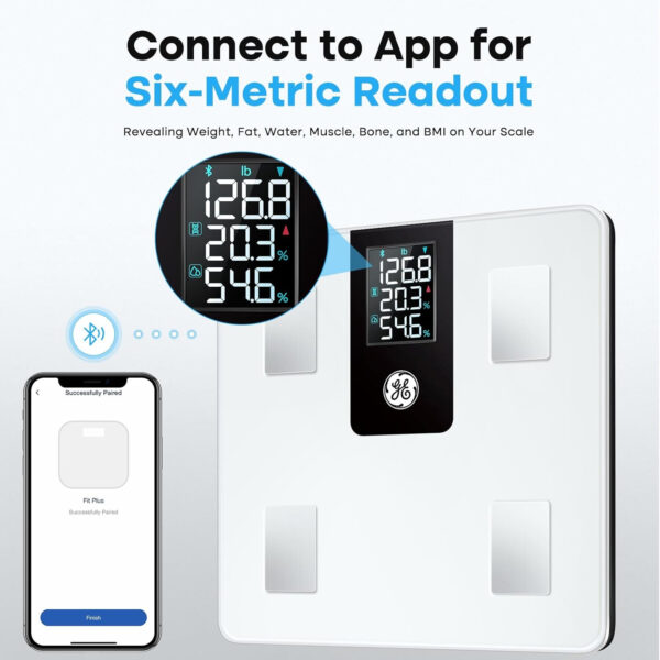 GE Smart Scale for Body Weight and Fat Percentage with All-in-one LCD Display, Digital Bathroom Weight Scales Bluetooth Body Composition Analyzer with App, Accurate Weighing, 400 lbs / 180 kg