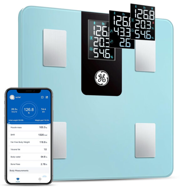 GE Smart Scale for Body Weight and Fat Percentage with All-in-one LCD Display, Digital Bathroom Weight Scales Bluetooth Body Composition Analyzer with App, Accurate Weighing, 400 lbs / 180 kg