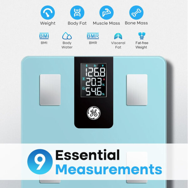 GE Smart Scale for Body Weight and Fat Percentage with All-in-one LCD Display, Digital Bathroom Weight Scales Bluetooth Body Composition Analyzer with App, Accurate Weighing, 400 lbs / 180 kg