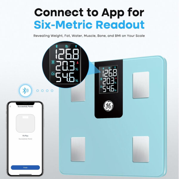 GE Smart Scale for Body Weight and Fat Percentage with All-in-one LCD Display, Digital Bathroom Weight Scales Bluetooth Body Composition Analyzer with App, Accurate Weighing, 400 lbs / 180 kg