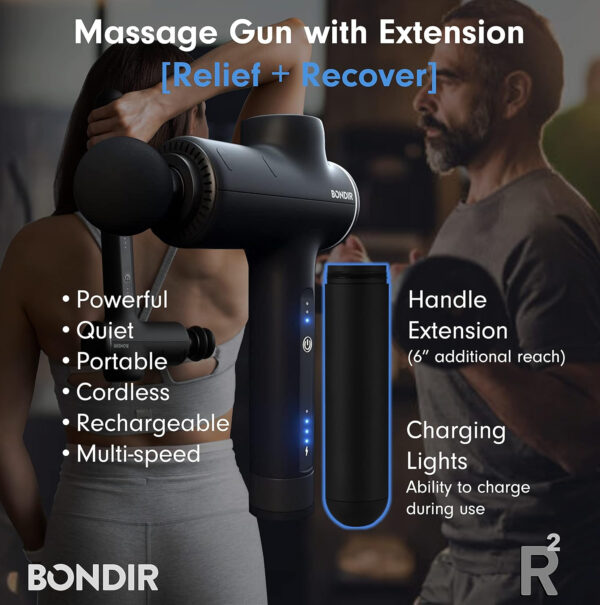 R2 PRO+ Massage Gun - Powerful High Intensity Articulating Deep Tissue Back Massager with Extension Handle and 6X Heads Including Heated Attachment