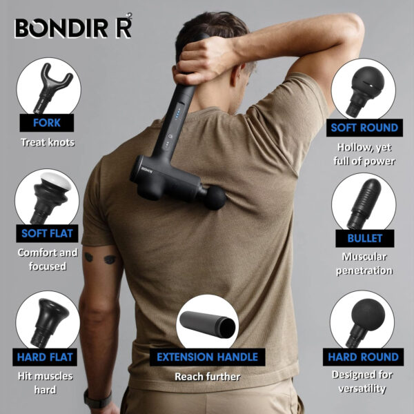 R2 PRO+ Massage Gun - Powerful High Intensity Articulating Deep Tissue Back Massager with Extension Handle and 6X Heads Including Heated Attachment