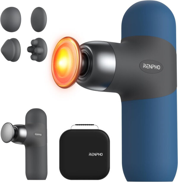 RENPHO Mini Thermal Massage Gun with Heat, Portable Deep Tissue Percussion Massager, Color Silicone Sleeves Travel Size with Carry Case, Grey