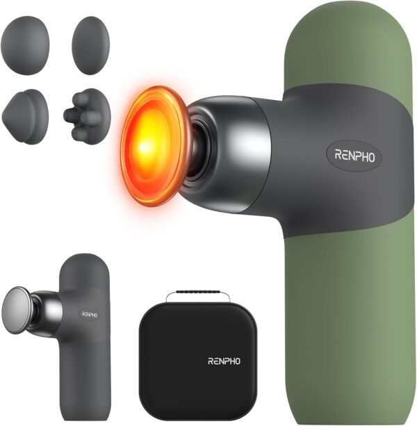 RENPHO Mini Thermal Massage Gun with Heat, Portable Deep Tissue Percussion Massager, Color Silicone Sleeves Travel Size with Carry Case, Grey