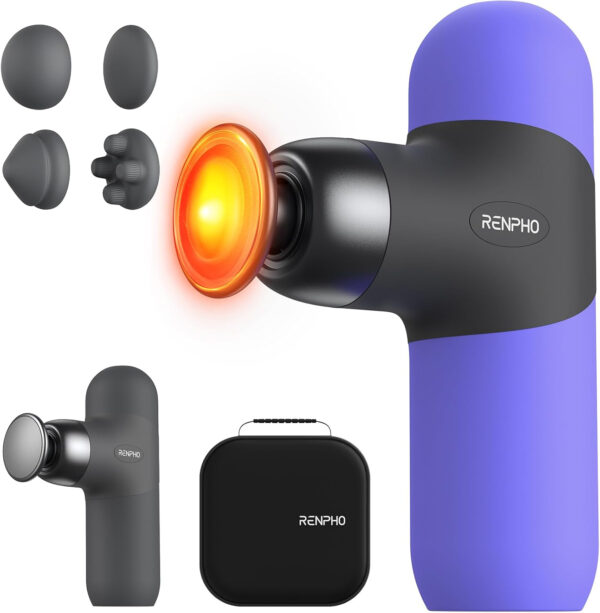 RENPHO Mini Thermal Massage Gun with Heat, Portable Deep Tissue Percussion Massager, Color Silicone Sleeves Travel Size with Carry Case, Grey