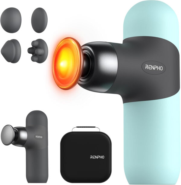 RENPHO Mini Thermal Massage Gun with Heat, Portable Deep Tissue Percussion Massager, Color Silicone Sleeves Travel Size with Carry Case, Grey
