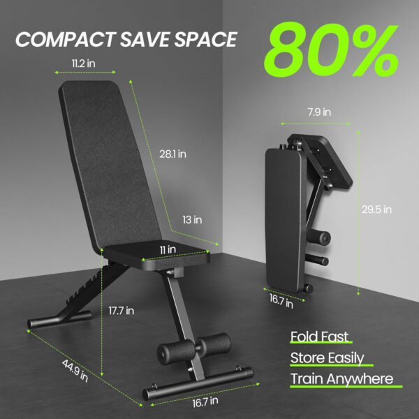 Adjustable Weight Bench for Home Gym, Foldable Workout Bench for Full Body Fitness Dumbbell Exercise, 600LBS Incline Decline Flat Bench with Resistance Bands for Strength Training