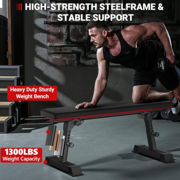 Adjustable Height Foldable Flat Weight Bench - 1300lb Heavy Duty Workout Bench for Home Gym Strength Training, Full Body & Ab Workouts