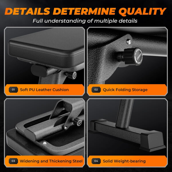 BODY RHYTHM Semi-Commercial Foldable Flat Bench for Multi-Purpose Weight Training and Ab Workout, Flat Weight Workout Exercise Bench with 1000lb Weight Capacity for Strength Training Bench Press, Suitable for Home and Gym.