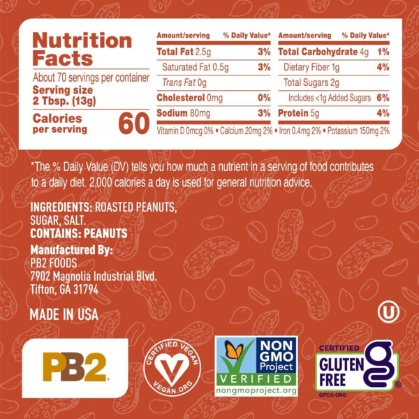 PB2 Pure Peanut Butter Powder - [2 lb/32 oz Jar] - No Added Sugar, No Added Salt, No Added Preservatives - 100% All Natural Roasted Peanuts - 6g of Plant-Based Protein