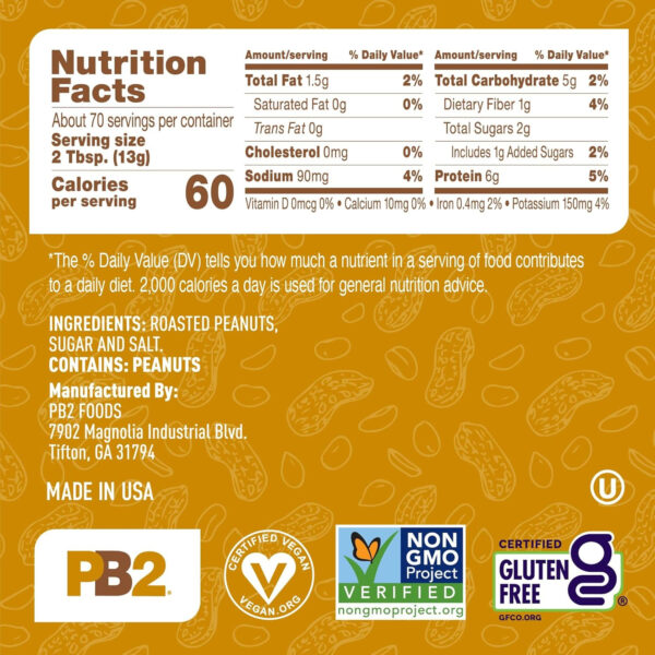 PB2 Pure Peanut Butter Powder - [2 lb/32 oz Jar] - No Added Sugar, No Added Salt, No Added Preservatives - 100% All Natural Roasted Peanuts - 6g of Plant-Based Protein
