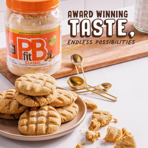 68937239d9f396633269eba5cdbb3e133f55abf3c69b6387d2dfc.jpg PBfit 30 Ounce Classic Peanut Butter Powder, Powdered Peanut Butter Spread From Real Roasted Peanuts, 8g of Protein 8% DV, Gluten-Free, 60 calories, 87% less fat (Pack of 1)