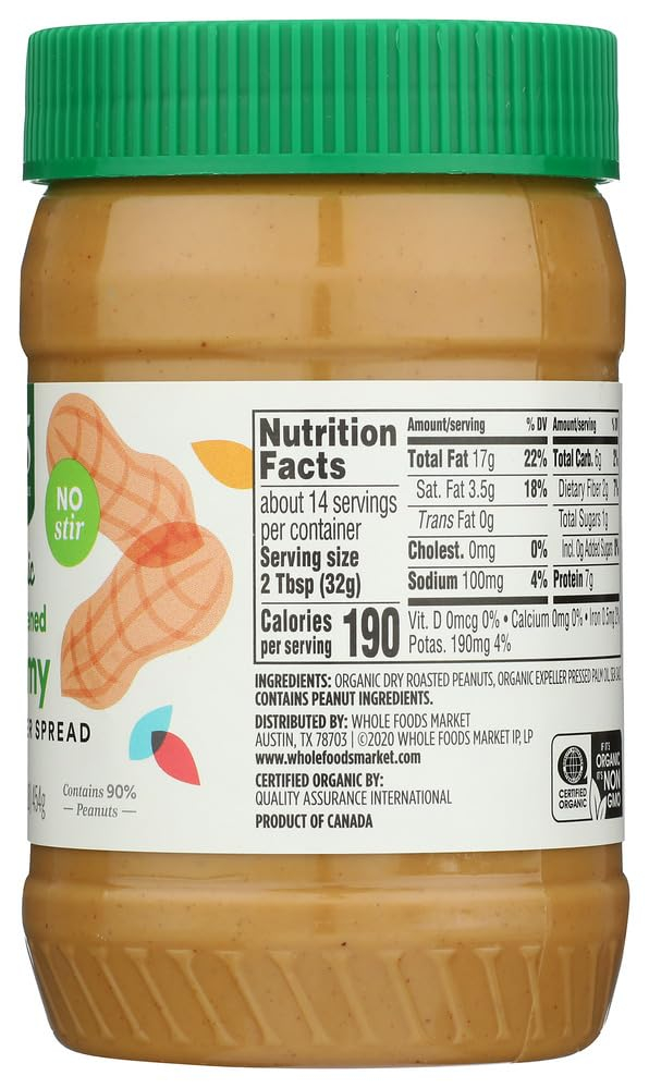 365 by Whole Foods Market, Organic Unsweetened Peanut Butter, 16 Ounce