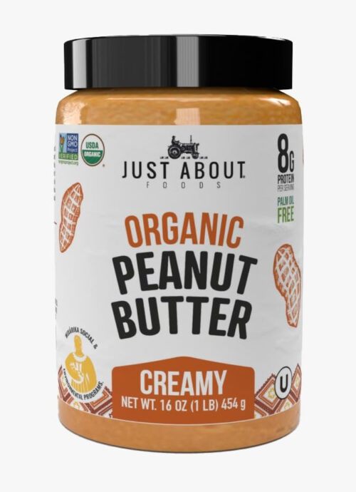 Just About Foods Organic & Keto Peanut Butter Creamy 1 lb Gluten-Free, No Sugar Added, No Palm Oil, Unsweetened Peanut Spread, USDA Organic & Non-GMO