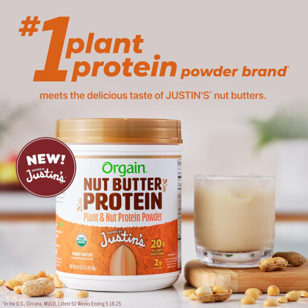 Orgain X Justin's ® Organic Vegan Nut Butter Protein Powder, Peanut Butter- 20g Plant Protein, 2g Sugar, Gluten Free, No Dairy, Soy Ingredients, or Artificial Flavors, 1.17 lb