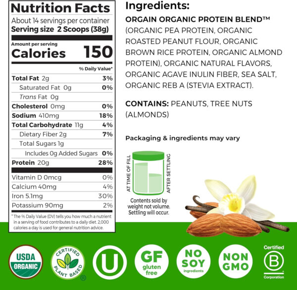 Orgain X Justin's ® Organic Vegan Nut Butter Protein Powder, Peanut Butter- 20g Plant Protein, 2g Sugar, Gluten Free, No Dairy, Soy Ingredients, or Artificial Flavors, 1.17 lb