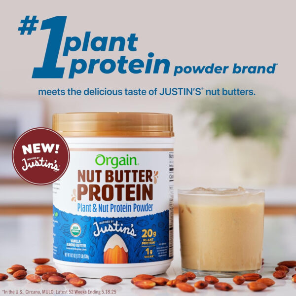 Orgain X Justin's ® Organic Vegan Nut Butter Protein Powder, Peanut Butter- 20g Plant Protein, 2g Sugar, Gluten Free, No Dairy, Soy Ingredients, or Artificial Flavors, 1.17 lb