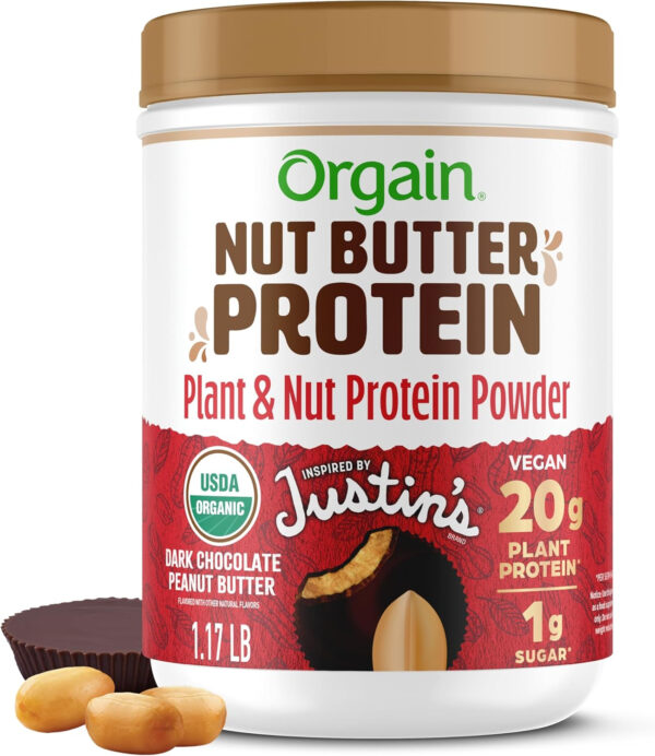 Orgain X Justin's ® Organic Vegan Nut Butter Protein Powder, Peanut Butter- 20g Plant Protein, 2g Sugar, Gluten Free, No Dairy, Soy Ingredients, or Artificial Flavors, 1.17 lb