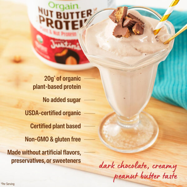 Orgain X Justin's ® Organic Vegan Nut Butter Protein Powder, Peanut Butter- 20g Plant Protein, 2g Sugar, Gluten Free, No Dairy, Soy Ingredients, or Artificial Flavors, 1.17 lb