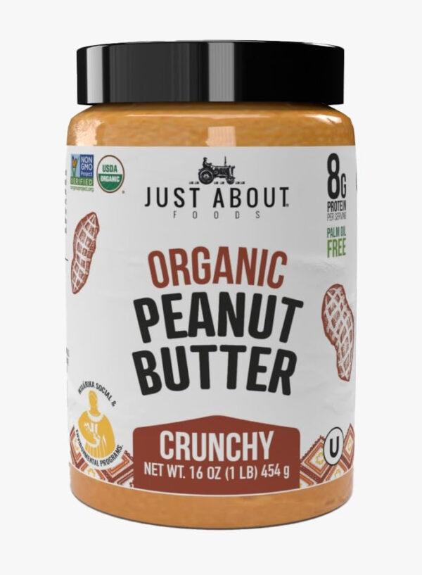 Just About Foods Organic & Keto Peanut Butter Crunchy 1 lb Gluten-Free, No Sugar Added, Palm Oil Free Single Ingredient, Unsweetened Peanut Spread